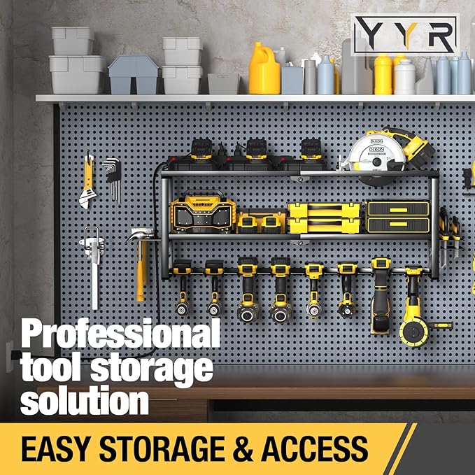 YYR Heavy Duty Power Tool Organizer with Charging Station, Cordless Drill Hanger Storage Rack, Battery Tools Holder Wall Mount Shelf for Garage - 32 Inch Equipped with Surge Protection Power Strip