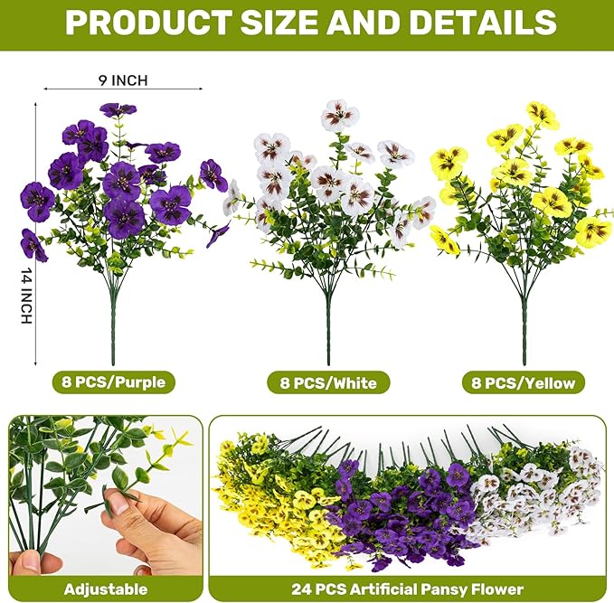 24 Pcs Artificial Fake Pansy Flowers for Outdoor,Faux Silk Plants Flowers UV Resistant Pansies Spring Flowers for Planter Front Door Porch Yard Patio Garden Window Box Home Decor(3 Color)