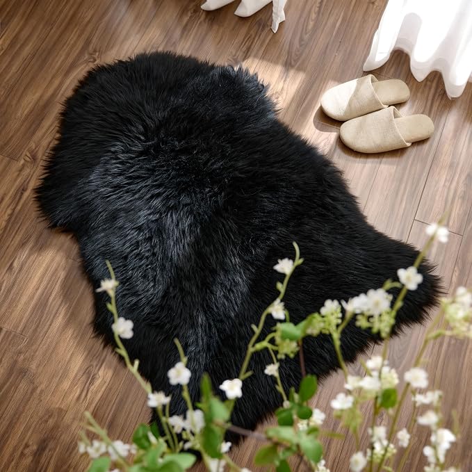 Premium Genuine Sheepskin Area Ruge - Real Wool Fur Shaggy Carpet | Fluffy Soft Natural Lambskin Rug Seat Chair Covers for Couch Sofa Bedroom Living Room(Black,2×3 Feet Sheepskin)