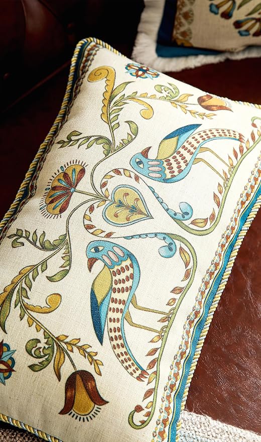 patdrea French Vintage Linen Throw Pillow Cover,12"x20",Set of 2-Wensel C | Decorative Pillow Case,Bird and Floral Pattern,Cushion Coverfor Couch Living Room Bedroom Sofa