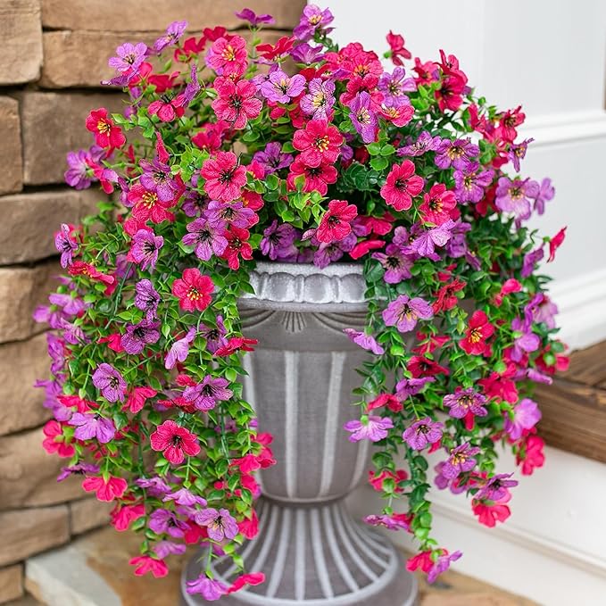 HyeFlora Artificial Flowers for Outdoors Fake Hanging Decoration, 2Pcs Purple and Hotpink Spring Decor, Realistic Plants, UV & Fading Resistant Silk Flower for Porch Patio Balcony Planter Yard
