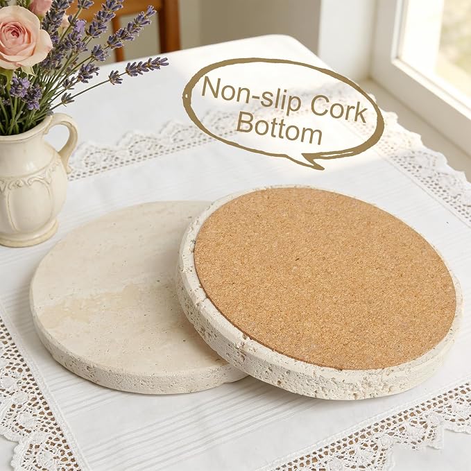 Natural Travertine Marble Coasters Set of 6-4" Round Stone Drink Coasters, Non-Slip Cork Backing, Festival Gifts, Wedding, Protect Tables from Stains & Scratches.