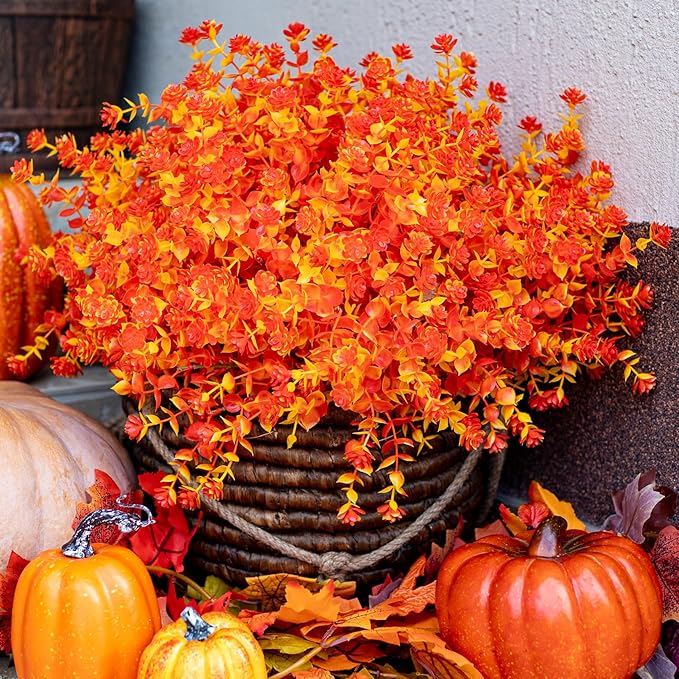AXYLEX Artificial Fall Flowers Outdoor Fake Mums - 12 Bundles Fake Plants UV Resistant No Fade Faux Plastic Greenery Garden Porch Patio Fall Home Decor (OrangeYellow)