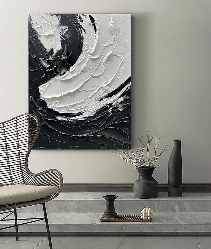 NANKAI Art Minimalist Style Black and White Abstract Oil Painting. Pure Hand-Drawn Wall Art Piece. 40x28 inches. Modern Oil Painting Decorative Art Works for Interior Wall Decoration