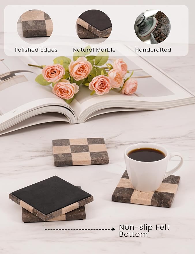 Marble Coasters Set of 4, Oceanic & Verona Handmade 4 inch Square Stone Coaster, Decorative Checkered Cup Coaster for Coffee Table, Housewarming Gift & Luxury Kitchen Accessories