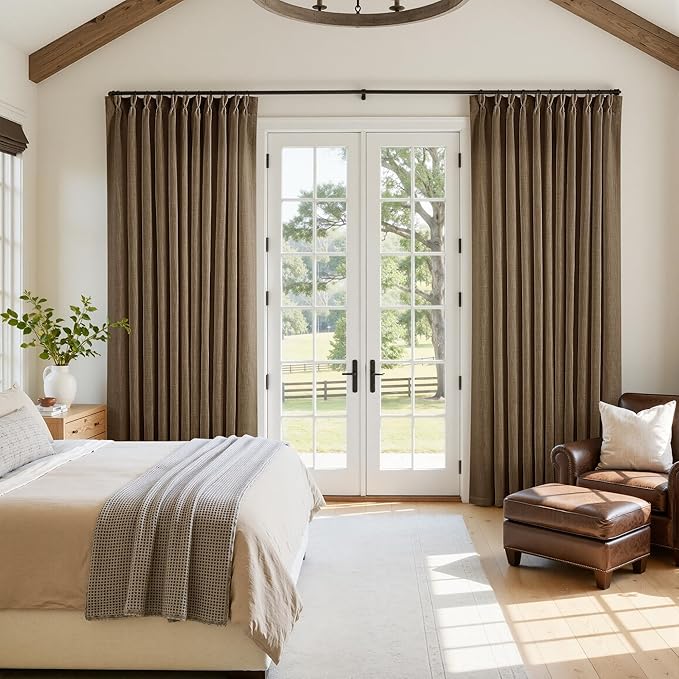 Extra Wide 96 Inch Long Curtains 70 Inch Wide Pinch Pleat Linen Curtains for Living Room Bedroom Light Filtering Privacy Pleated Drapes Hooks Rings Back Tab for Sliding Door Dutch Cocoa 1 Panel