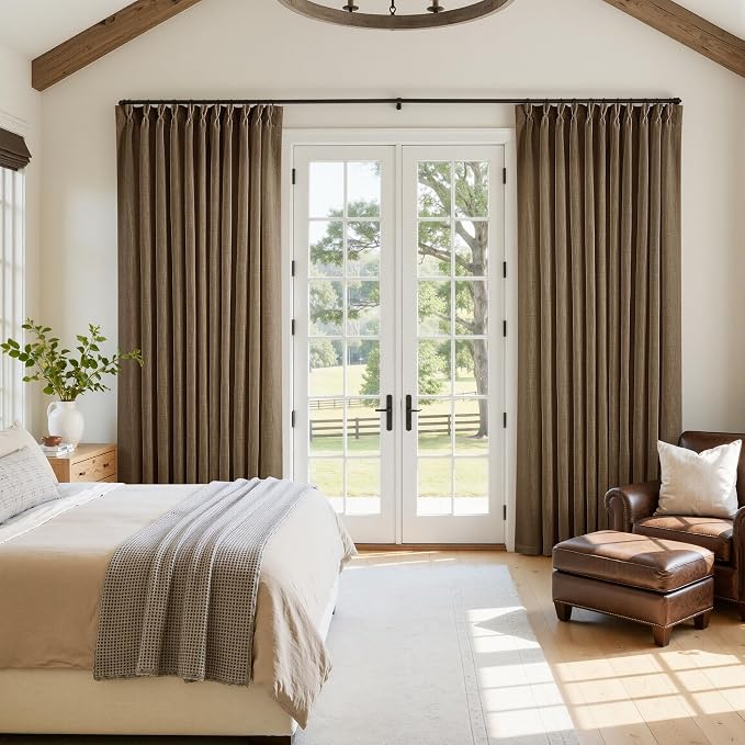 Extra Wide 102 Inch Long Curtains 70 Inch Wide Pinch Pleat Linen Curtains for Living Room Bedroom Light Filtering Privacy Pleated Drapes Hooks Rings Back Tab for Sliding Door Dutch Cocoa 1 Panel