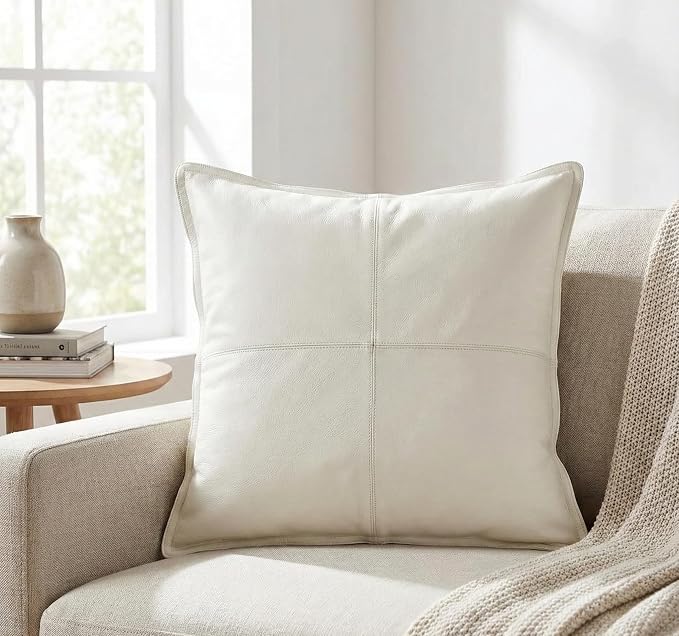 Genuine Leather Pillow Cover Case for Lumbar Throw Couch Pillows - Farmhouse Decorative Modern Sofa Thick & Soft Cushion Covers (White, 24" x 24")