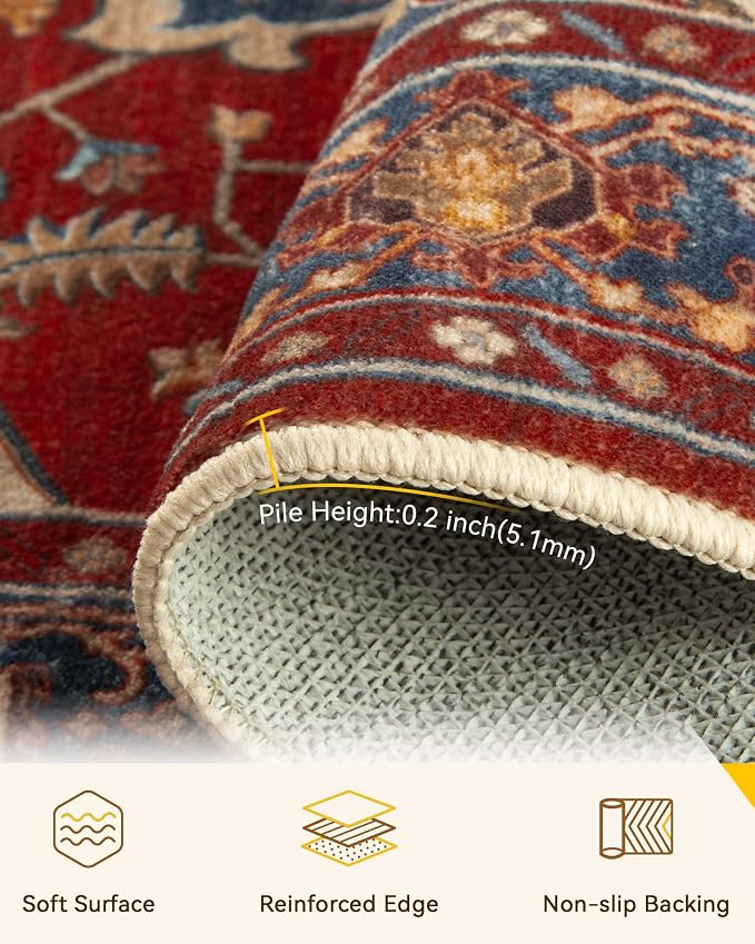 RELEANY Area Rugs Round 10ft Washable Non-Slip, Floral Vintage Distress Medallion Carpet for Living Room Bedroom Dining Room, Red Blue