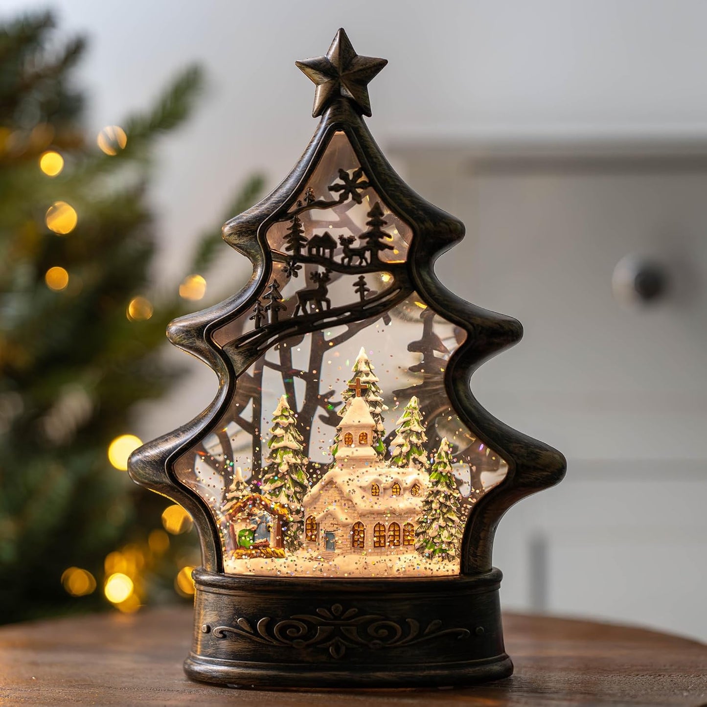 Christmas Snow Globe Lantern Water Glittering Church & Manger Scene with Music & Timer, USB Lined/Battery Operated Lighted Lantern for Christmas Festival Decoration Gifts