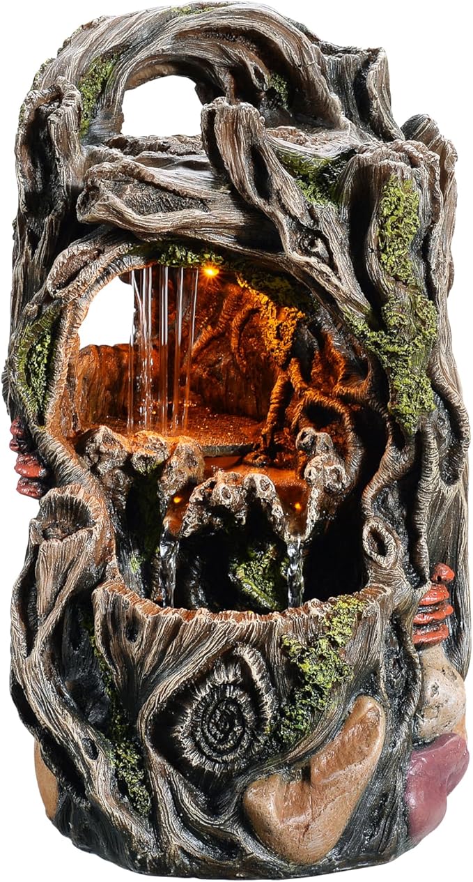MAOCHI Tabletop Water Fountain, Home Décor Soothing Sound Machine with Automatic Pump, Nature Tree Stump Resin and for Indoor Zen Relaxation for Office, Living Room, or Bedroom Décor