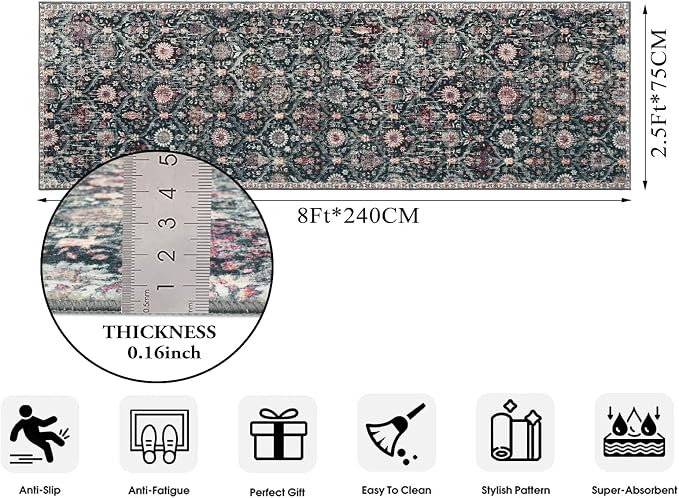 Lahome Moroccan Hallway Rug, 2'5''x8' Kitchen Runner Rugs Non Skid Washable Runners for Hallways, Ultra-Thin Oriental Carpet for Entryway Laundry Room Bedroom Bathroom Elise, Black/Multi