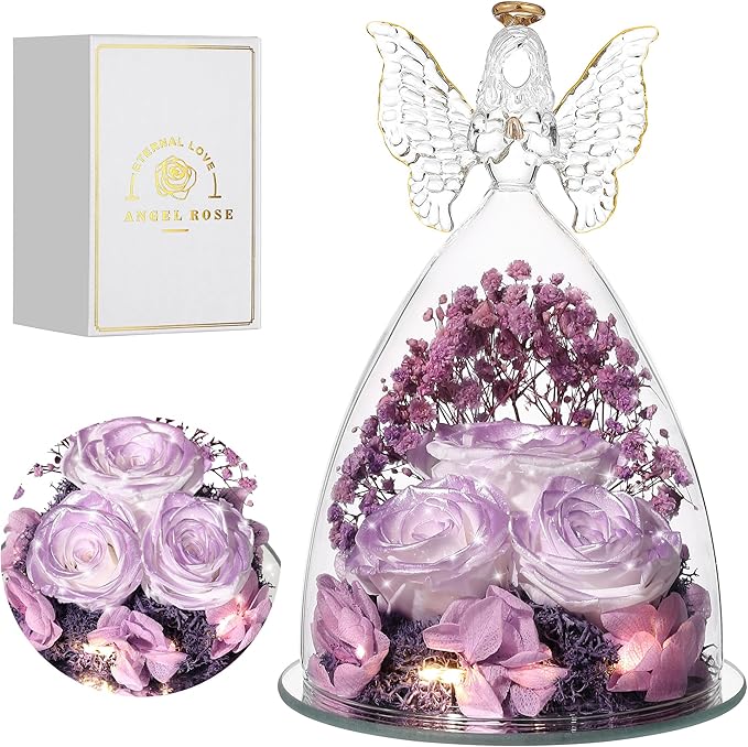 Mothers Day Rose Gifts for Women Preserved Real Flower in Glass Angel Figurines Roses for Delivery Prime Birthday Gifts for Mom Grandma Girlfriend Wife Her, Pearlescent Purple