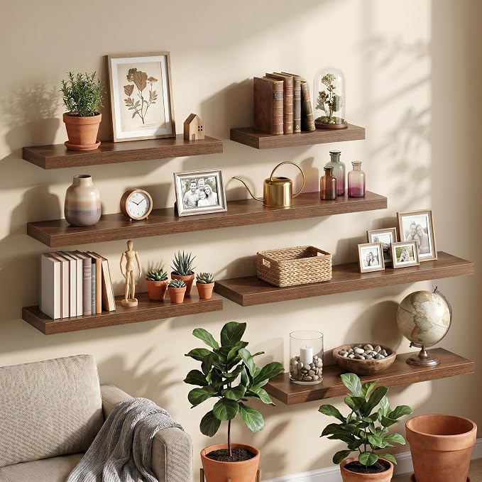 Fun Memories 36Inch Floating Shelves for Wall, 8 Inch Deep Shelves for Bathroom|Bedroom|Kitchen, Large Wall Mounted Wood Hanging Shelf with Invisible Brackets for Home Storage Decor, Walnut - 2 Pack