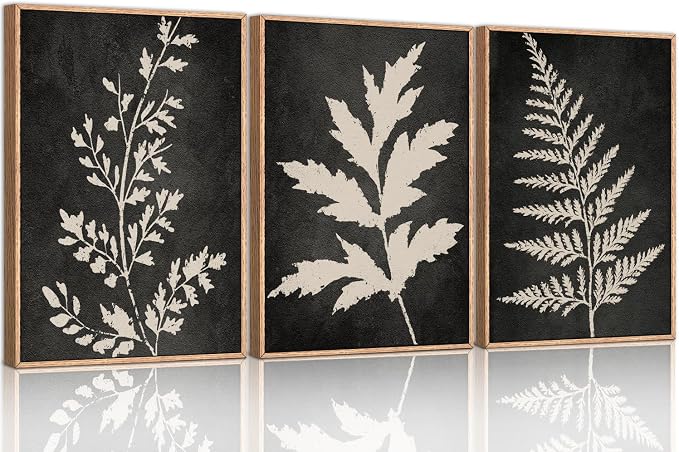 Black Tan Fern Leaf Framed Canvas Wall Art Set, Minimalist Botanical Wall Decor, Nature Fern Plant Silhouette Wall Painting, Modern Rustic Art Print for Living Room, Bedroom, Office -36"x24"x3