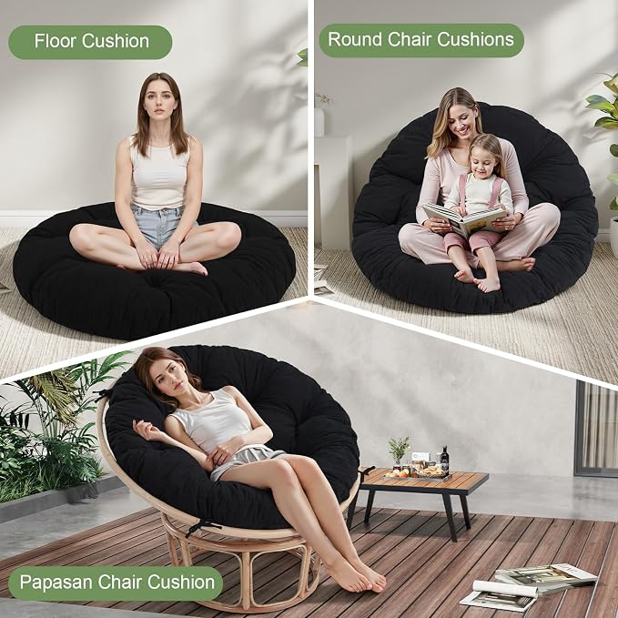 idee-home Papasan Chair Cushion, Circle Papasan Chair Cushion(Cushion Only) | Papasan Cushion with Thick Corduroy Cover, 48 x 48 Inch Cushion for Egg Chair, Black
