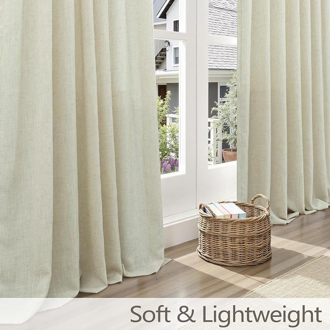 Beige Flax Linen Curtains 84 Inch Length for Living Room 2 Panel Pinch Pleated Back Tab Tan Burlap Textured Drape Semi Sheer Light Filtering Country Rustic Farmhouse Bedroom Curtain Hook Ring 7FT Long