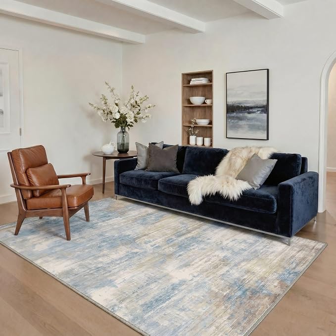 BEIMO Area Rugs 8x10 for Living Room Bedroom, Modern Abstract Machine Washable Rug, Large Soft Low Pile Floor Cover with Non Slip Backing for Dining Room, Dusty Blue Beige