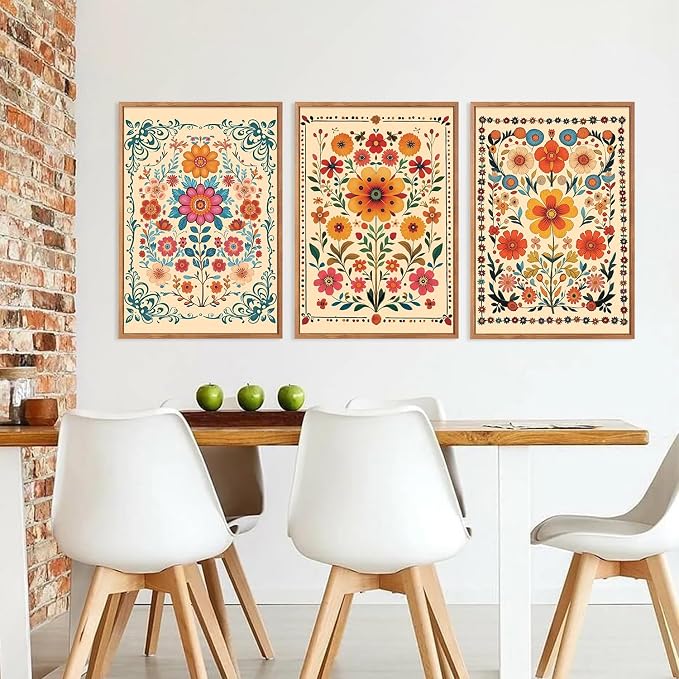 HOURIA 3Pcs Framed Mexican Floral Canvas Wall Art (16"x24"), Abstract Orange Botanical Latin Folk Wall Decor, Vintage Mid Century Modern Tropical Flower Art Print for Office Farmhouse Bedroom