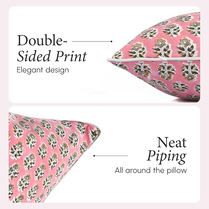 CPC 100% Cotton Throw Pillow Covers 18x18 Inch, Set of 2 Green Block Print Pattern Couch Pillow, Cute Boho Decorative Pillows for Living Room, Bedroom with Hidden Zipper- Poppy Pink