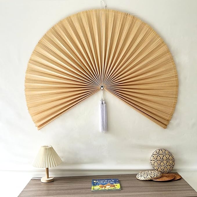 ChumDecor Fan Wall Decor, Japanese Giant Fan, Large Bamboo Fan Wall Art For Boho Hanging Headboard, Decorative Folding Fans For Over Bed, Asia Trending (Ivory 48inch)