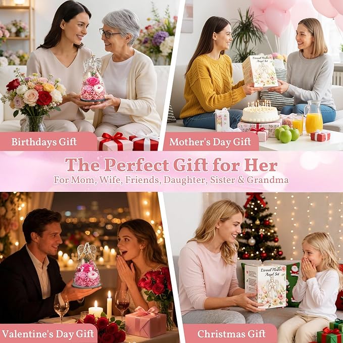TranquilBliss Gifts for Mom, Flowers for Mother’s Day, Preserved Rose in Glass Dome with Light, Angel Figurines for Her Birthday, Valentine’s Day for Wife, Grandma, Women - Pink