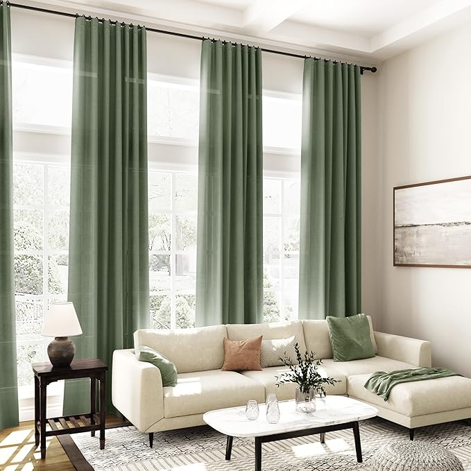 Olive Green Linen Curtains 80 Inch Length 2 Panel Set Back Tab Rod Pocket Semi Sheer Light Filtering Short Curtain Farmhosue Country Style Bay Window for Living Room Bedroom 40x80