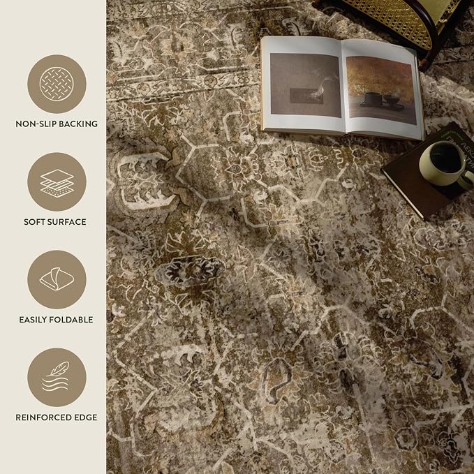 Lahome Margot Vintage 8x10 Area Rugs - Washable Non-Slip Boho Living Room Rugs for Under Table, Brown Low Profile Soft Faux Wool for Bedroom, Dinning Room, Nursery, Playroom