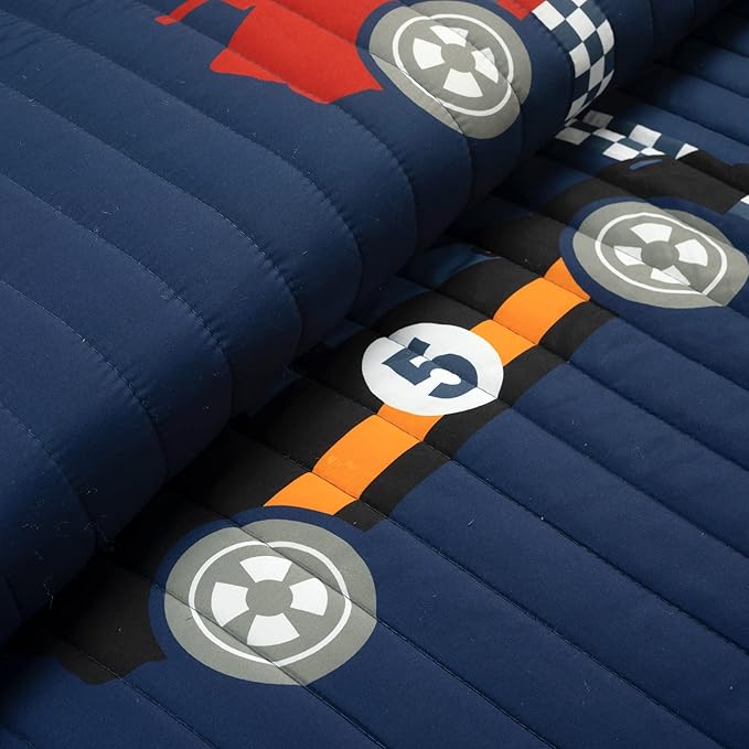 Lush Decor Racing Cars Reversible Quilt Twin Size 4 Piece Set Navy - Toddler Bedding Set Twin Quilt - Car Decor