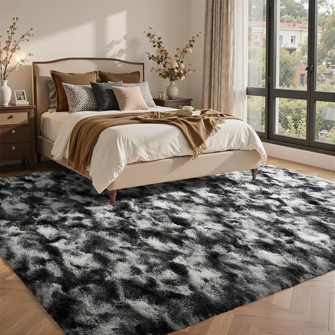 8x10 Ft Extra Large Shag Rugs for Living Room, Tie Dyed Ultra Soft Fluffy Furry Area Rugs for Bedroom Indoor Floor, Aesthetic Carpet for Kids Home Decor (Black Grey)