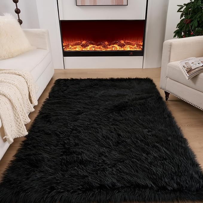 Faux Fur Rug Black Sheepskin Area Rug,Ultra Soft 4x6 ft Rectangular Shaggy Plush Rug for Bedroom Sofa Floor Bedside Living Room Kids Room