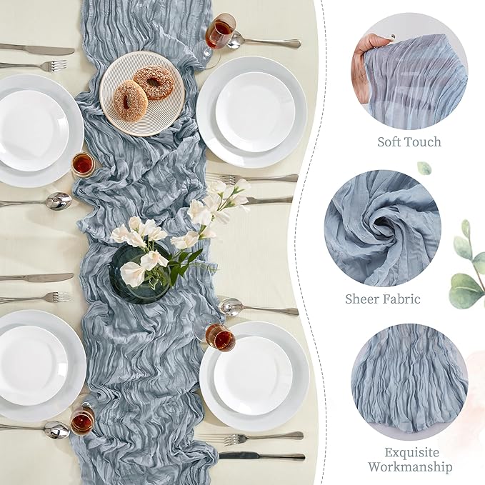 12 Pack Dusty Blue Cheesecloth Table Runner 10FT Long Boho Gauze Table Runner Rustic Sheer Runner for Wedding Bridal Baby Shower Birthday Party Table Decor Home Easter Thanksgiving Decorations