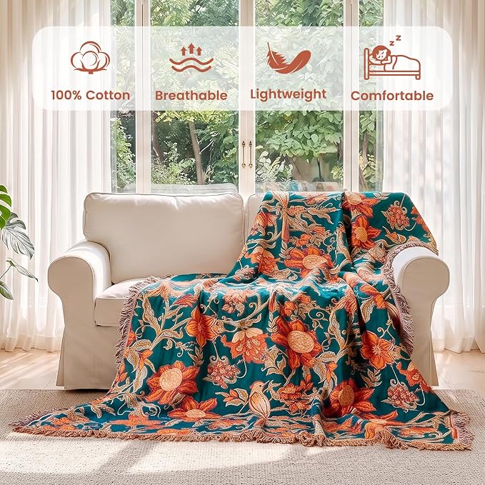 MSGKV Boho Throw Blanket for Couch Chair 100% Cotton Floral Bird Blanket 50"x60" Sofa Blankets Muslin Summer Breathable Lightweight Farmhouse Blankets Home Decor All Seasons