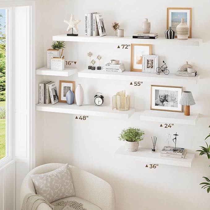 RICHFOCUS 55 Inch 12" D Floating Shelves for Wall 2 Pack Long Wall Shelves for Room Wall|Large Wood Hanging Shelf with Invisible Brackets for Bathroom Bedroom Kitchen Laundry Room, White