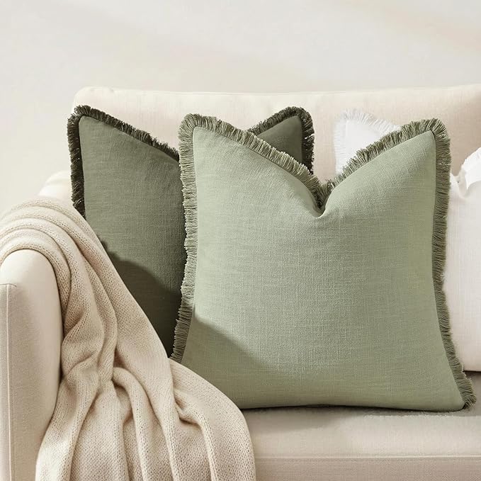 decorUhome Summer Decorative Neutral Linen Fringe Throw Pillow Covers Set of 2 Sage Green Pillow Covers with Tassels Soft Farmhouse Boho Accent Pillow Cases for Couch Bed Sofa 18x18 Inch
