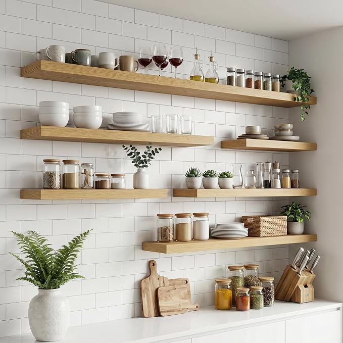 32 Inch Floating Shelves for Wall, 8"D Wood Storage Shelves, Oak Finish | Engineered Wood, Invisible Bracket, Large Storage, Easy Install, Hold Up to 55lbs, Living Room, Bathroom, Bedroom, Kitchen