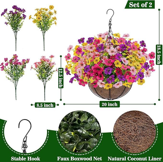 2 Sets Artificial Hanging Plants Flowers Basket Outdoor, Fake Hanging Plants Set of 2 Includes 24 Pcs Flowers for Porch, Patio, Garden, Home Decor in Spring Summer (Red, Purple, Yellow, Rose Red)
