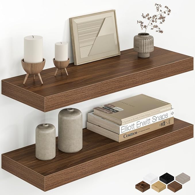 24 Inch Floating Shelves for Wall, 8 Inch Deep Rustic Wood Floating Shelves Set of 2, Wall Mounted Hanging Shelf with Invisible Brackets for Bathroom, Bedroom, Kitchen, Living Room, Walnut