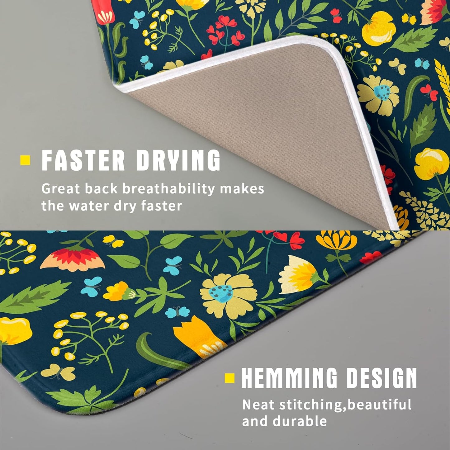 Floral Dish Drying Mat for Kitchen Counter Cute FLowers Seasonal Absorbent Reversible Microfiber Kitchen Countertop Protector Dishes Pad Small 16x18 inch