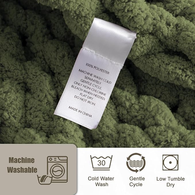 Chunky Knit Throw Blanket 50x60, 100% Handmade Chenille Yarn | 4.4lbs Soft Thick Cable Knitted Blankets, Large Rope Knot Crochet Throws for Couch Sofa Bed Christmas Fall Decor, Olive Green