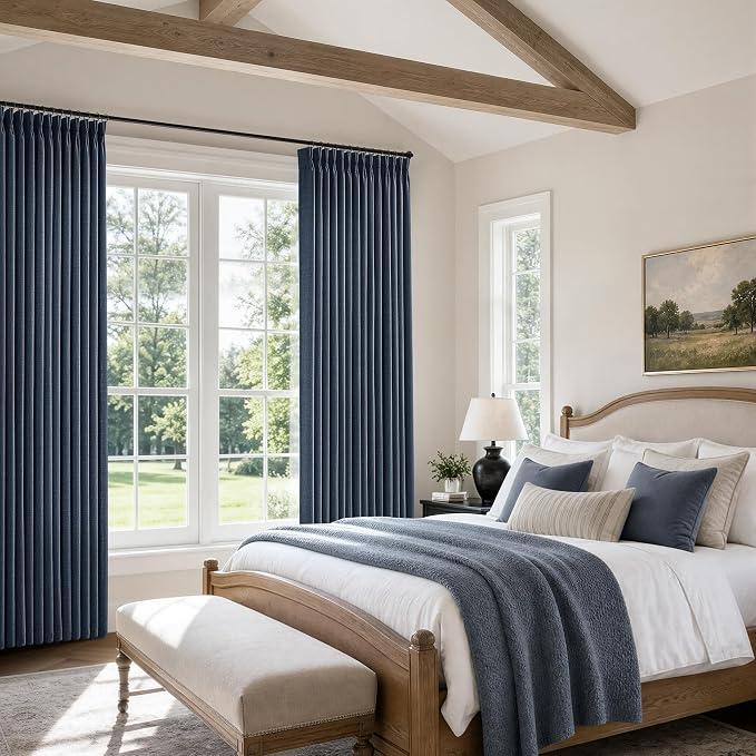 Navy Pleated Linen Curtains 96 Inch 2 Panels Set Memory Trained Shaped Semi Sheer Privacy Dark Blue Window Curtains for Living Dining Room Country Modern Back Tab Pinch Pleat Burlap Drapes 40x96