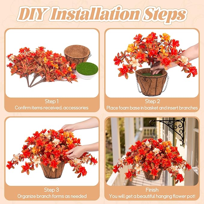 Ammyoo Fall Flowers with Hanging Basket Artificial for Decoration, Fake Silk Rhododendron Flowers for Outdoors, UV Resistant No Fade Floral for Home Garden Balcony Porch Patio Wedding Party Decor