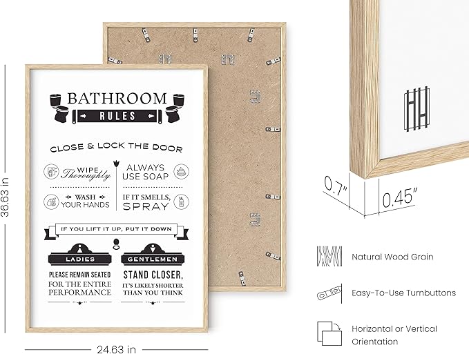 HAUS AND HUES Funny Bathroom Wall Art – Toilet Rules Poster, Humorous Restroom Sign, Playful Washroom Design (24x36, Beige Frame)