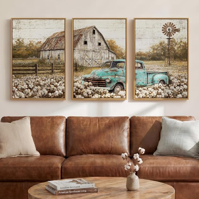 Set of 3 Framed Farmhouse Wall Art for Living Room, Large Vintage Barn Horizontal Landscape Canvas Prints, Rustic Retro Truck Cotton Field Wall Decor for Bedroom Dining Room Office Hallway 20x30 Inch