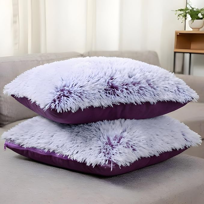 Cheer Collection Throw Pillows for Couch and Bed, Soft Shaggy Throw Pillows with Inserts Included, Cozy Long Hair Faux Fur Pillows - Set of 2-18" x 18" - Purple