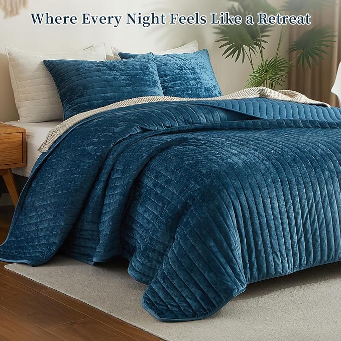 Luxury Soft Velvet Quilt Set Queen Size - Lightweight Velvet Bedding Set for All Season, Oversized Bedspread Coverlet Comforter Set with 2 Pillow Shams, Blue, Striped