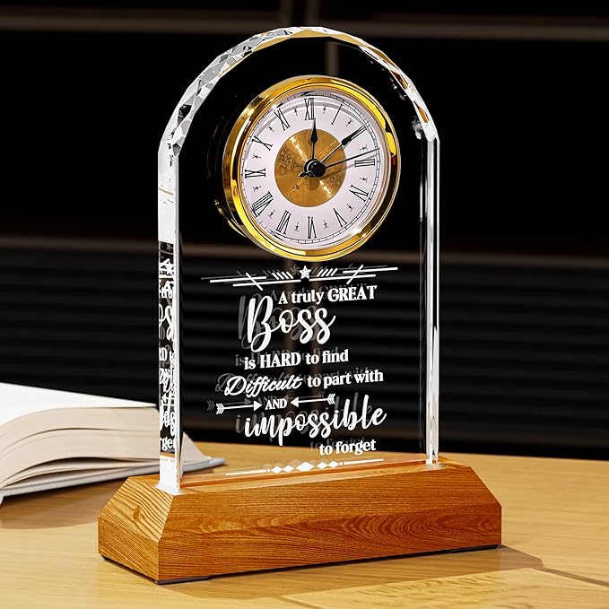 Ornalrist Boss Crystal Clock Gifts for Women, Men with Wooden LED Light Base, Boss Appreciation Gift Idea for Leader's Day, Desk Office Home Decor