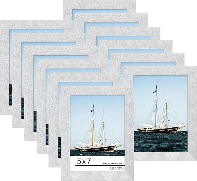Picrit 5x7 Picture Frame Set of 12, Display 4x6 with Mat or 5x7 without Mat, Photo Frames for Wall Mounting or Table Top Display, Silver