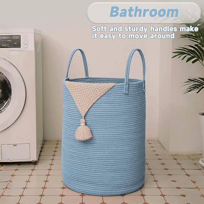 JMvicyroam Large Woven Laundry Basket Hamper,80L Cotton Rope Storage Bin for Blankets,Toys and Clothes,Decorative Tall Nursery Hamper for Living Room,Baby Nursery,Bathroom and Bedroom,Blue