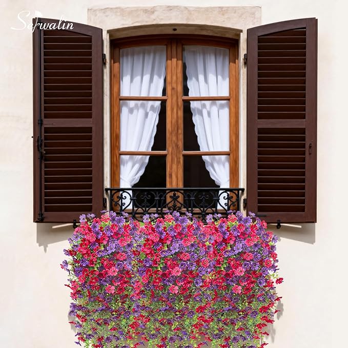 Serwalin 12PCS Artificial Hanging Flowers for Outdoors, UV Resistant Fake Hanging Plants, Realistic Weatherproof Outdoor Decor for Patio, Porch, Garden & Window (Purple& Hot Pink,12PCS)